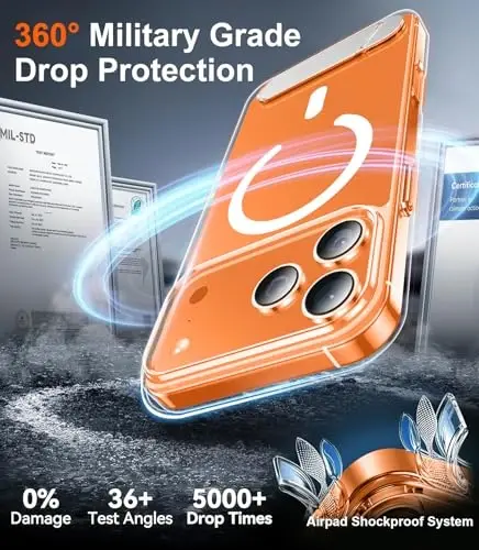 Temdan iPhone 17 Pro Max uchun mo'ljallangan g'ilof, [O'rnatilgan ko'rinmas tirgak][MagSafe bilan mos][Harbiy darajadagi zarbga chidamli] Yupqa telefon g'ilofi 6,9 dyuym (Shaffof) - 5