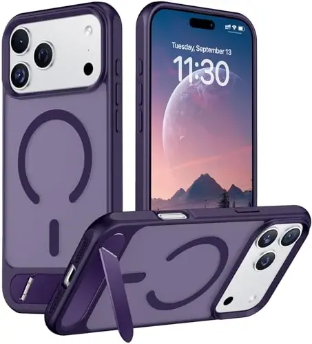 Temdan iPhone 17 Pro Max uchun mo'ljallangan g'ilof, [O'rnatilgan ko'rinmas tirgak][MagSafe bilan mos][Harbiy darajadagi zarbga chidamli] Yupqa yarim shaffof matli telefon g'ilofi 6,9 dyuym (Binafsha) - TEMDAN