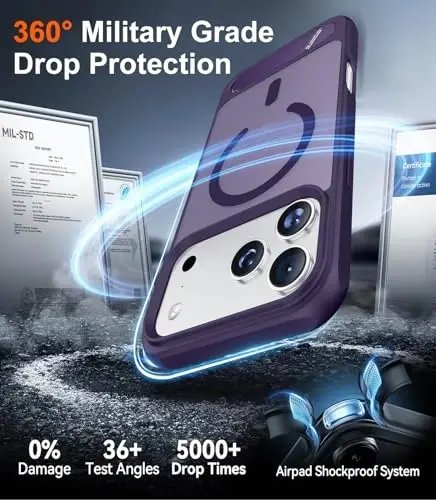 Temdan iPhone 17 Pro Max uchun mo'ljallangan g'ilof, [O'rnatilgan ko'rinmas tirgak][MagSafe bilan mos][Harbiy darajadagi zarbga chidamli] Yupqa yarim shaffof matli telefon g'ilofi 6,9 dyuym (Binafsha) - 5