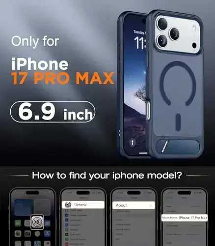 Temdan iPhone 17 Pro Max uchun mo'ljallangan g'ilof, [O'rnatilgan ko'rinmas tirgak][MagSafe bilan mos][Harbiy darajadagi zarbga chidamli] Yupqa yarim shaffof matli telefon g'ilofi 6,9 dyuym (Ko'k) - 2