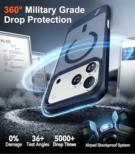 Temdan iPhone 17 Pro Max uchun mo'ljallangan g'ilof, [O'rnatilgan ko'rinmas tirgak][MagSafe bilan mos][Harbiy darajadagi zarbga chidamli] Yupqa yarim shaffof matli telefon g'ilofi 6,9 dyuym (Ko'k) - 5