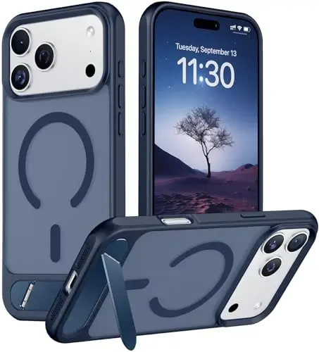 Temdan iPhone 17 Pro Max uchun mo'ljallangan g'ilof, [O'rnatilgan ko'rinmas tirgak][MagSafe bilan mos][Harbiy darajadagi zarbga chidamli] Yupqa yarim shaffof matli telefon g'ilofi 6,9 dyuym (Ko'k) 