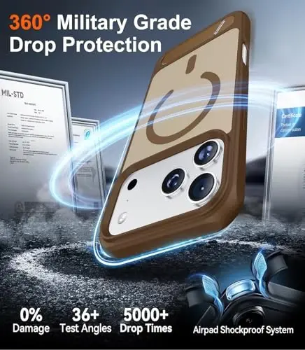 Temdan iPhone 17 Pro Max uchun mo'ljallangan g'ilof, [O'rnatilgan ko'rinmas tirgak][MagSafe bilan mos][Harbiy standartdagi zarbga chidamli] Yupqa shaffof matli telefon g'ilofi 6,9 dyuym (Sahro jigarrang) - 5
