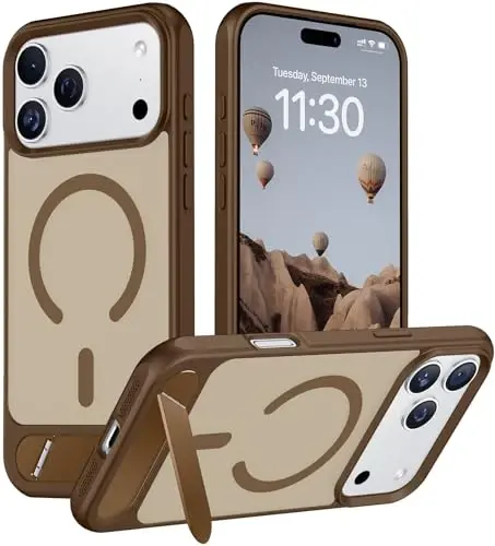Temdan iPhone 17 Pro Max uchun mo'ljallangan g'ilof, [O'rnatilgan ko'rinmas tirgak][MagSafe bilan mos][Harbiy standartdagi zarbga chidamli] Yupqa shaffof matli telefon g'ilofi 6,9 dyuym (Sahro jigarrang) 