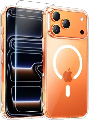 Temdan iPhone 17 Pro uchun g'ilof, ekran himoyachisi bilan, Magsafe bilan mos, sarg'ayishga qarshi, harbiy darajadagi himoya, zarbaga chidamli ingichka magnitli telefon g'ilofi, shaffof 