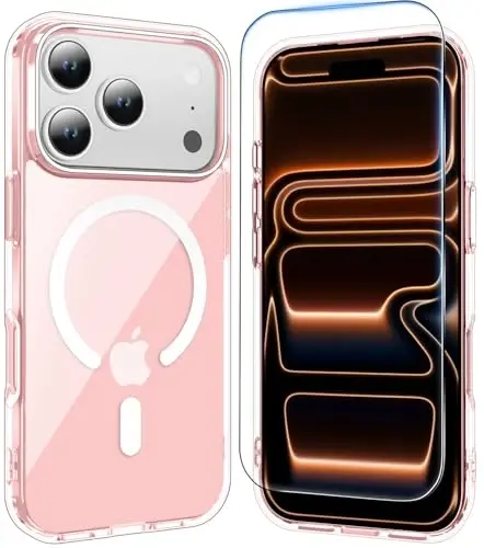 iPhone 17 Pro uchun Temdan g'ilofi, ekran himoyachisi bilan, Magsafe bilan mos, sarg'ayishga qarshi, harbiy darajadagi himoya, zarbga chidamli ingichka magnitli telefon g'ilofi, pushti - 1