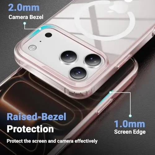 iPhone 17 Pro uchun Temdan g'ilofi, ekran himoyachisi bilan, Magsafe bilan mos, sarg'ayishga qarshi, harbiy darajadagi himoya, zarbga chidamli ingichka magnitli telefon g'ilofi, pushti - 6