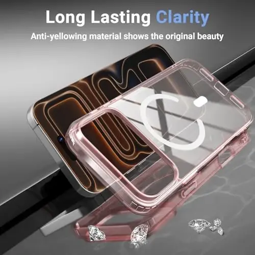 iPhone 17 Pro uchun Temdan g'ilofi, ekran himoyachisi bilan, Magsafe bilan mos, sarg'ayishga qarshi, harbiy darajadagi himoya, zarbga chidamli ingichka magnitli telefon g'ilofi, pushti - 7