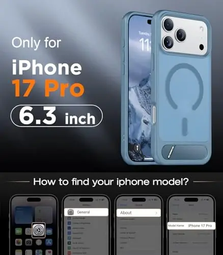 Temdan iPhone 17 Pro uchun mo‘ljallangan g‘ilof, [O‘rnatilgan ko‘rinmas tayanch][MagSafe bilan mos][Harbiy darajadagi zarbga chidamli] Yupqa shaffof matli telefon g‘ilofi 6,3 dyuym (ochiq ko‘k) - TEMDAN (1)