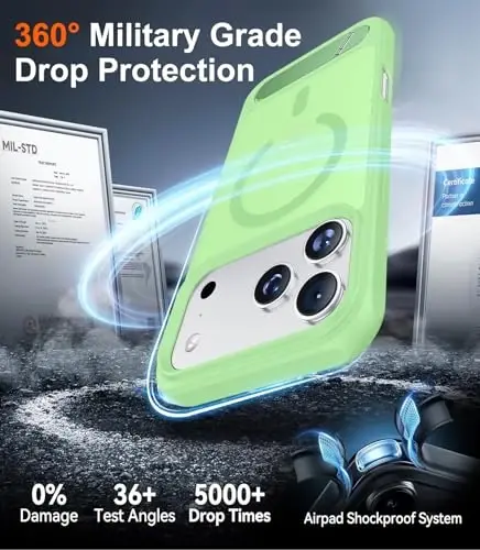 Temdan iPhone 17 Pro uchun mo'ljallangan g'ilof, [O'rnatilgan ko'rinmas tayanch][MagSafe bilan mos][Harbiy darajadagi zarbga chidamli] Yupqa yarim shaffof matli telefon g'ilofi 6,3 dyuym (och yashil) - 5
