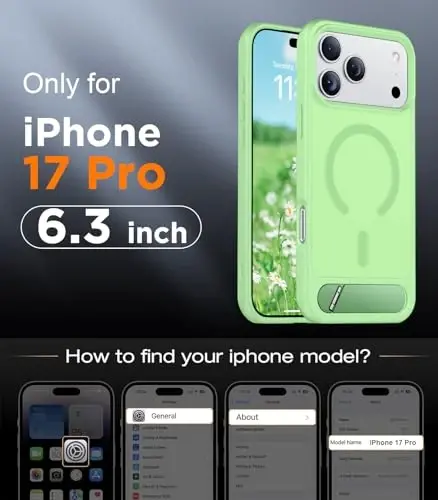 Temdan iPhone 17 Pro uchun mo'ljallangan g'ilof, [O'rnatilgan ko'rinmas tayanch][MagSafe bilan mos][Harbiy darajadagi zarbga chidamli] Yupqa yarim shaffof matli telefon g'ilofi 6,3 dyuym (och yashil) - TEMDAN (1)