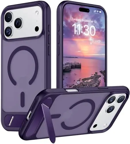 Temdan iPhone 17 Pro uchun mo'ljallangan g'ilof, [O'rnatilgan ko'rinmas tirgak][MagSafe bilan mos keladi][Harbiy darajadagi zarbga chidamli] Yupqa yarim shaffof matli telefon g'ilofi 6,3 dyuym (Binafsha) 