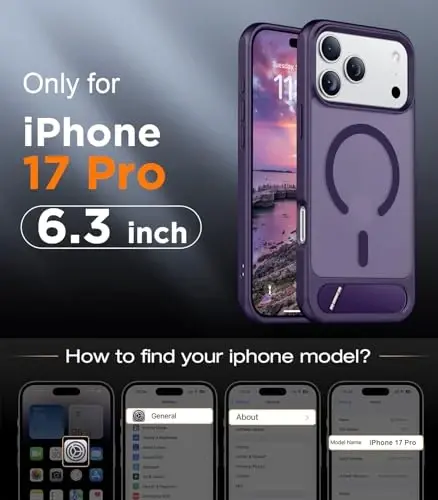 Temdan iPhone 17 Pro uchun mo'ljallangan g'ilof, [O'rnatilgan ko'rinmas tirgak][MagSafe bilan mos keladi][Harbiy darajadagi zarbga chidamli] Yupqa yarim shaffof matli telefon g'ilofi 6,3 dyuym (Binafsha) - TEMDAN (1)