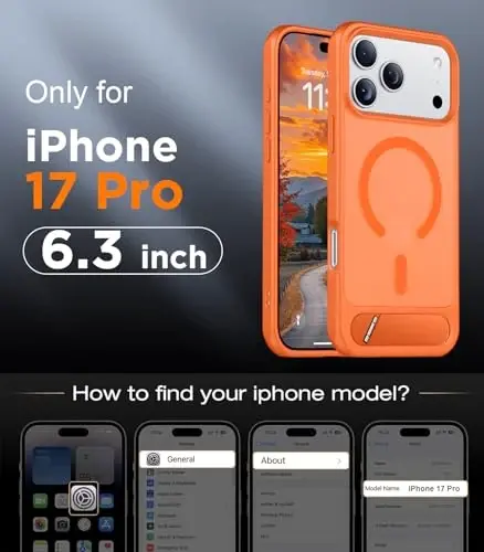 Temdan iPhone 17 Pro uchun mo'ljallangan g'ilof, [O'rnatilgan ko'rinmas tirgak][MagSafe bilan mos][Harbiy darajadagi zarbaga chidamli] Yupqa yarim shaffof matli telefon g'ilofi 6,3 dyuym (Apelsin) - TEMDAN (1)