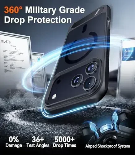 Temdan iPhone 17 Pro uchun mo'ljallangan g'ilof, [O'rnatilgan ko'rinmas tirgak][MagSafe bilan mos][Harbiy darajadagi zarbga chidamli] iPhone 17 Pro 6.3 dyuym uchun ingichka shaffof matli telefon g'ilofi (qora) - 4