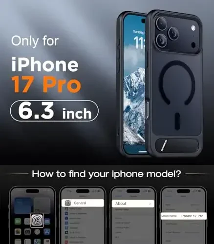 Temdan iPhone 17 Pro uchun mo'ljallangan g'ilof, [O'rnatilgan ko'rinmas tirgak][MagSafe bilan mos][Harbiy darajadagi zarbga chidamli] iPhone 17 Pro 6.3 dyuym uchun ingichka shaffof matli telefon g'ilofi (qora) - 6