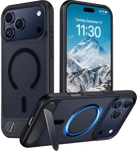 Temdan iPhone 17 Pro uchun mo'ljallangan g'ilof, [O'rnatilgan ko'rinmas tirgak][MagSafe bilan mos][Harbiy darajadagi zarbga chidamli] iPhone 17 Pro 6.3 dyuym uchun ingichka shaffof matli telefon g'ilofi (qora) 