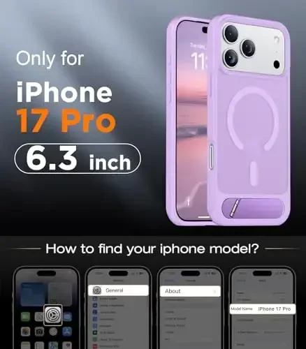 Temdan iPhone 17 Pro uchun mo'ljallangan g'ilof, [O'rnatilgan ko'rinmas tirgak][MagSafe bilan mos][Harbiy darajadagi zarbga chidamli] Yupqa shaffof matli telefon g'ilofi 6,3 dyuym (och binafsha) - 2