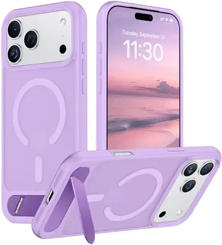 Temdan iPhone 17 Pro uchun mo'ljallangan g'ilof, [O'rnatilgan ko'rinmas tirgak][MagSafe bilan mos][Harbiy darajadagi zarbga chidamli] Yupqa shaffof matli telefon g'ilofi 6,3 dyuym (och binafsha) 