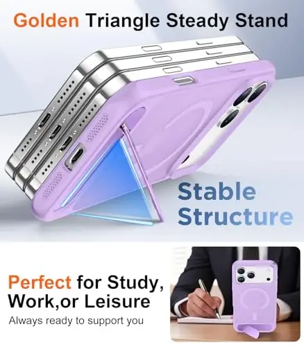 Temdan iPhone 17 Pro uchun mo'ljallangan g'ilof, [O'rnatilgan ko'rinmas tirgak][MagSafe bilan mos][Harbiy darajadagi zarbga chidamli] Yupqa shaffof matli telefon g'ilofi 6,3 dyuym (och binafsha) - 4