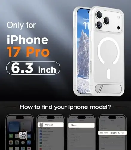 Temdan iPhone 17 Pro uchun mo'ljallangan g'ilof, [O'rnatilgan ko'rinmas tirgak][MagSafe bilan mos][Harbiy darajadagi zarbga chidamli] Yupqa shaffof matli telefon g'ilofi 6,3 dyuym (Shaffof matli) - 3