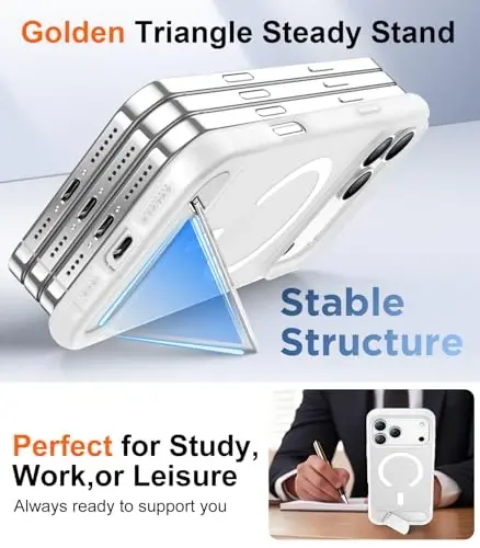 Temdan iPhone 17 Pro uchun mo'ljallangan g'ilof, [O'rnatilgan ko'rinmas tirgak][MagSafe bilan mos][Harbiy darajadagi zarbga chidamli] Yupqa shaffof matli telefon g'ilofi 6,3 dyuym (Shaffof matli) - 5