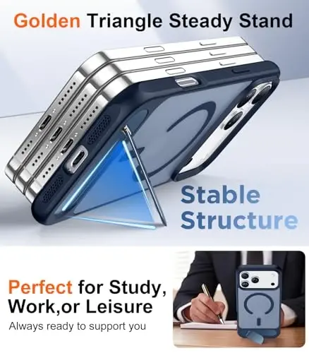 Temdan iPhone 17 Pro uchun mo'ljallangan g'ilof, [O'rnatilgan ko'rinmas tirgak][MagSafe bilan mos][Harbiy darajadagi zarbga chidamli] Yupqa yarim shaffof matli telefon g'ilofi 6.3 dyuym (ko'k) - 4