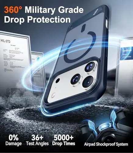 Temdan iPhone 17 Pro uchun mo'ljallangan g'ilof, [O'rnatilgan ko'rinmas tirgak][MagSafe bilan mos][Harbiy darajadagi zarbga chidamli] Yupqa yarim shaffof matli telefon g'ilofi 6.3 dyuym (ko'k) - 5