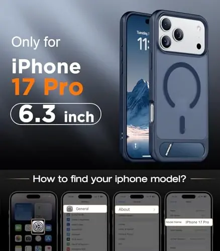 Temdan iPhone 17 Pro uchun mo'ljallangan g'ilof, [O'rnatilgan ko'rinmas tirgak][MagSafe bilan mos][Harbiy darajadagi zarbga chidamli] Yupqa yarim shaffof matli telefon g'ilofi 6.3 dyuym (ko'k) - TEMDAN (1)