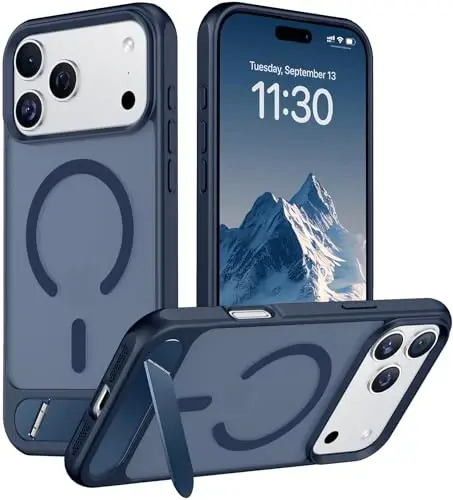 Temdan iPhone 17 Pro uchun mo'ljallangan g'ilof, [O'rnatilgan ko'rinmas tirgak][MagSafe bilan mos][Harbiy darajadagi zarbga chidamli] Yupqa yarim shaffof matli telefon g'ilofi 6.3 dyuym (ko'k) 