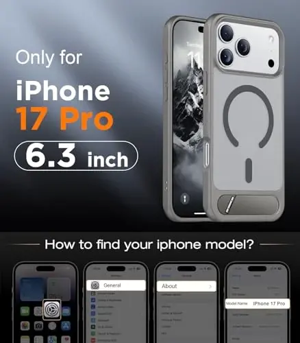 Temdan iPhone 17 Pro uchun mo'ljallangan g'ilof, [O'rnatilgan ko'rinmas tirgak][MagSafe bilan mos][Harbiy darajadagi zarbga chidamli] Yupqa yarim shaffof matli telefon g'ilofi 6.3 dyuym (kulrang) - TEMDAN (1)