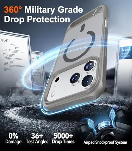 Temdan iPhone 17 Pro uchun mo'ljallangan g'ilof, [O'rnatilgan ko'rinmas tirgak][MagSafe bilan mos][Harbiy darajadagi zarbga chidamli] Yupqa yarim shaffof matli telefon g'ilofi 6.3 dyuym (kulrang) - 5