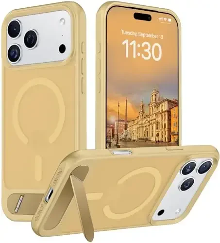 Temdan iPhone 17 Pro uchun mo'ljallangan g'ilof, [O'rnatilgan ko'rinmas tirgak][MagSafe bilan mos][Harbiy darajadagi zarbga chidamli] Yupqa yarim shaffof matli telefon g'ilofi 6,3 dyuym (och jigarrang) - 1