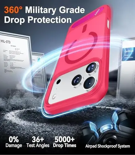 Temdan iPhone 17 Pro uchun mo'ljallangan g'ilof, [O'rnatilgan ko'rinmas tirgak][MagSafe bilan mos][Harbiy standartdagi zarbga chidamli] Yupqa yarim shaffof matli telefon g'ilofi 6.3 dyuym (Pushti rang) - 5