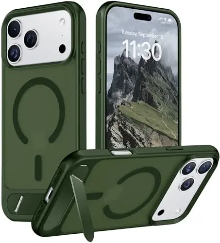 Temdan iPhone 17 Pro uchun mo'ljallangan g'ilof, [O'rnatilgan ko'rinmas tirgak][MagSafe bilan mos][Harbiy darajadagi zarbga chidamli] Yupqa yarim shaffof matli telefon g'ilofi 6,3 dyuym (Yashil) 