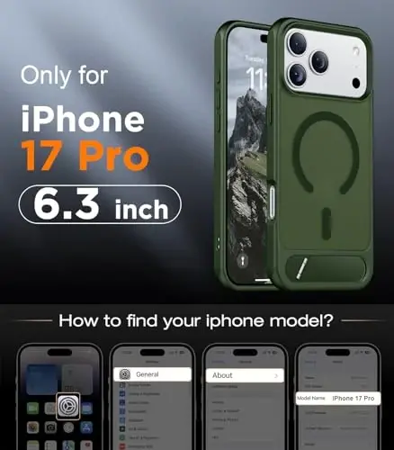 Temdan iPhone 17 Pro uchun mo'ljallangan g'ilof, [O'rnatilgan ko'rinmas tirgak][MagSafe bilan mos][Harbiy darajadagi zarbga chidamli] Yupqa yarim shaffof matli telefon g'ilofi 6,3 dyuym (Yashil) - TEMDAN (1)