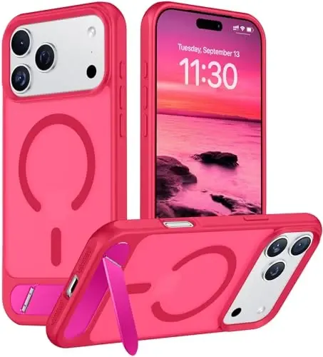 Temdan iPhone 17 Pro uchun mo'ljallangan g'ilof, [O'rnatilgan ko'rinmas tirgak][MagSafe bilan mos][Harbiy standartdagi zarbga chidamli] Yupqa yarim shaffof matli telefon g'ilofi 6.3 dyuym (Pushti rang) 