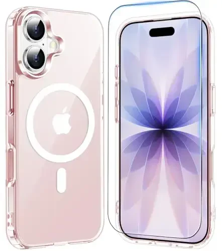 Temdan iPhone 17 uchun g'ilof, ekran himoyachisi bilan tiniq pushti, Magsafe bilan mos, sarg'ayishga qarshi, harbiy darajadagi himoya, zarbaga chidamli ingichka magnit telefon g'ilofi, pushti - 1