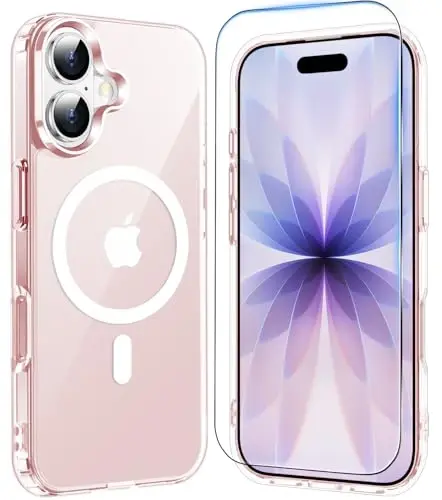 Temdan iPhone 17 uchun g'ilof, ekran himoyachisi bilan tiniq pushti, Magsafe bilan mos, sarg'ayishga qarshi, harbiy darajadagi himoya, zarbaga chidamli ingichka magnit telefon g'ilofi, pushti - 1