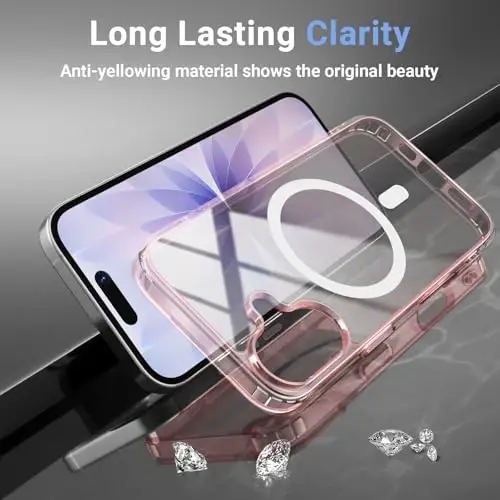 Temdan iPhone 17 uchun g'ilof, ekran himoyachisi bilan tiniq pushti, Magsafe bilan mos, sarg'ayishga qarshi, harbiy darajadagi himoya, zarbaga chidamli ingichka magnit telefon g'ilofi, pushti - 7