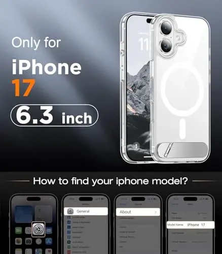 Temdan iPhone 17 uchun mo'ljallangan g'ilof, [O'rnatilgan ko'rinmas tirgak][MagSafe bilan mos][Harbiy darajadagi zarbaga chidamli] Yengil ingichka telefon g'ilofi 6,3 dyuym (Shaffof) - 2