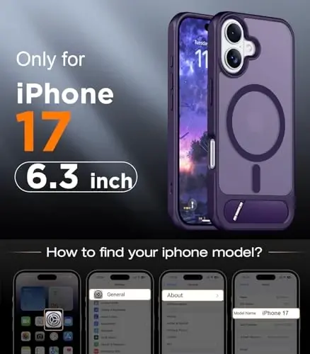 Temdan iPhone 17 uchun mo'ljallangan g'ilof, [O'rnatilgan ko'rinmas tirgak][MagSafe bilan mos][Harbiy darajadagi zarbaga chidamli] Yupqa shaffof matli telefon g'ilofi 6,3 dyuym (Binafsha) - 2