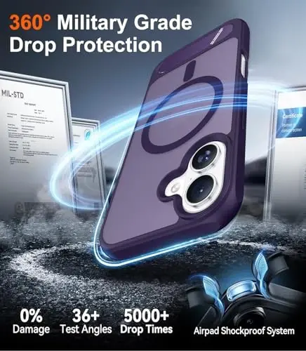 Temdan iPhone 17 uchun mo'ljallangan g'ilof, [O'rnatilgan ko'rinmas tirgak][MagSafe bilan mos][Harbiy darajadagi zarbaga chidamli] Yupqa shaffof matli telefon g'ilofi 6,3 dyuym (Binafsha) - 4