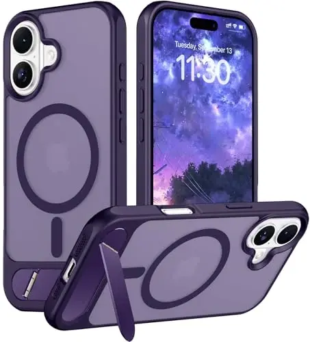Temdan iPhone 17 uchun mo'ljallangan g'ilof, [O'rnatilgan ko'rinmas tirgak][MagSafe bilan mos][Harbiy darajadagi zarbaga chidamli] Yupqa shaffof matli telefon g'ilofi 6,3 dyuym (Binafsha) 