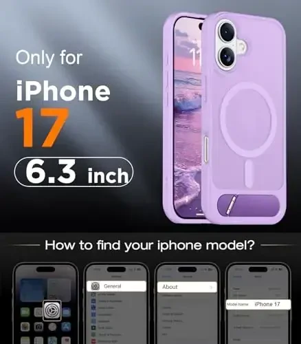 Temdan iPhone 17 uchun mo'ljallangan g'ilof, [O'rnatilgan ko'rinmas tirgak][MagSafe bilan mos][Harbiy darajadagi zarbaga chidamli] Yupqa shaffof matli telefon g'ilofi 6,3 dyuym (och binafsha) - 2