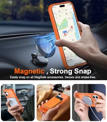 Temdan iPhone 17 uchun mo'ljallangan g'ilof, [O'rnatilgan ko'rinmas tirgak][MagSafe bilan mos][Harbiy darajadagi zarbaga chidamli] Yupqa yarim shaffof mat telefon g'ilofi 6,3 dyuym (Orange) - 6