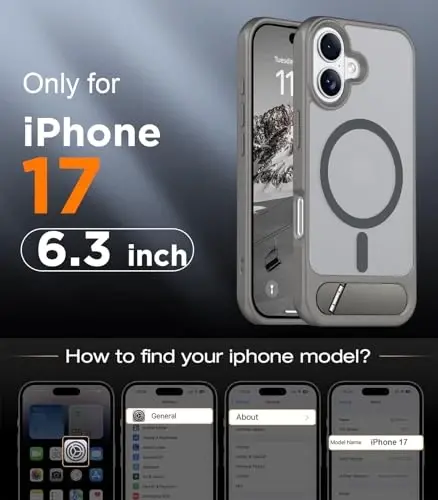 Temdan iPhone 17 uchun mo'ljallangan g'ilof, [O'rnatilgan ko'rinmas tirgak][MagSafe bilan mos][Harbiy darajadagi zarbga chidamli] Yupqa shaffof matli telefon g'ilofi 6,3 dyuym (kulrang) - TEMDAN (1)