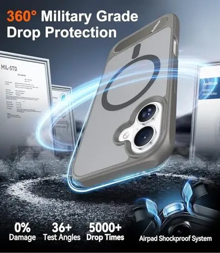 Temdan iPhone 17 uchun mo'ljallangan g'ilof, [O'rnatilgan ko'rinmas tirgak][MagSafe bilan mos][Harbiy darajadagi zarbga chidamli] Yupqa shaffof matli telefon g'ilofi 6,3 dyuym (kulrang) - 4