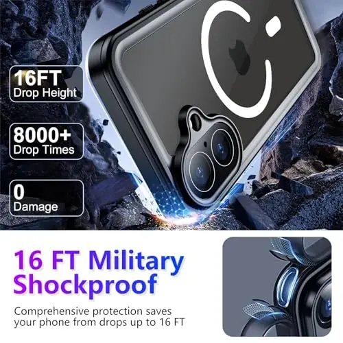 Temdan iPhone 17 Uyumlu Manyetik Kılıf, Su Geçirmez Dahili Ekran ve Kamera Koruyucu IP68 Sualtı Tam Vücut 17FT Askeri Düşmeye Dayanıklı Darbeye Dayanıklı Telefon Kılıfı 6.3