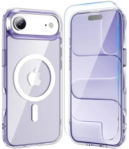 Temdan iPhone Air Case Clear uchun ekran himoyachisi bilan, Magsafe bilan mos, sarg'ayishga qarshi, harbiy darajadagi himoya, zarbga chidamli ingichka magnit telefon qopqog'i, binafsha 